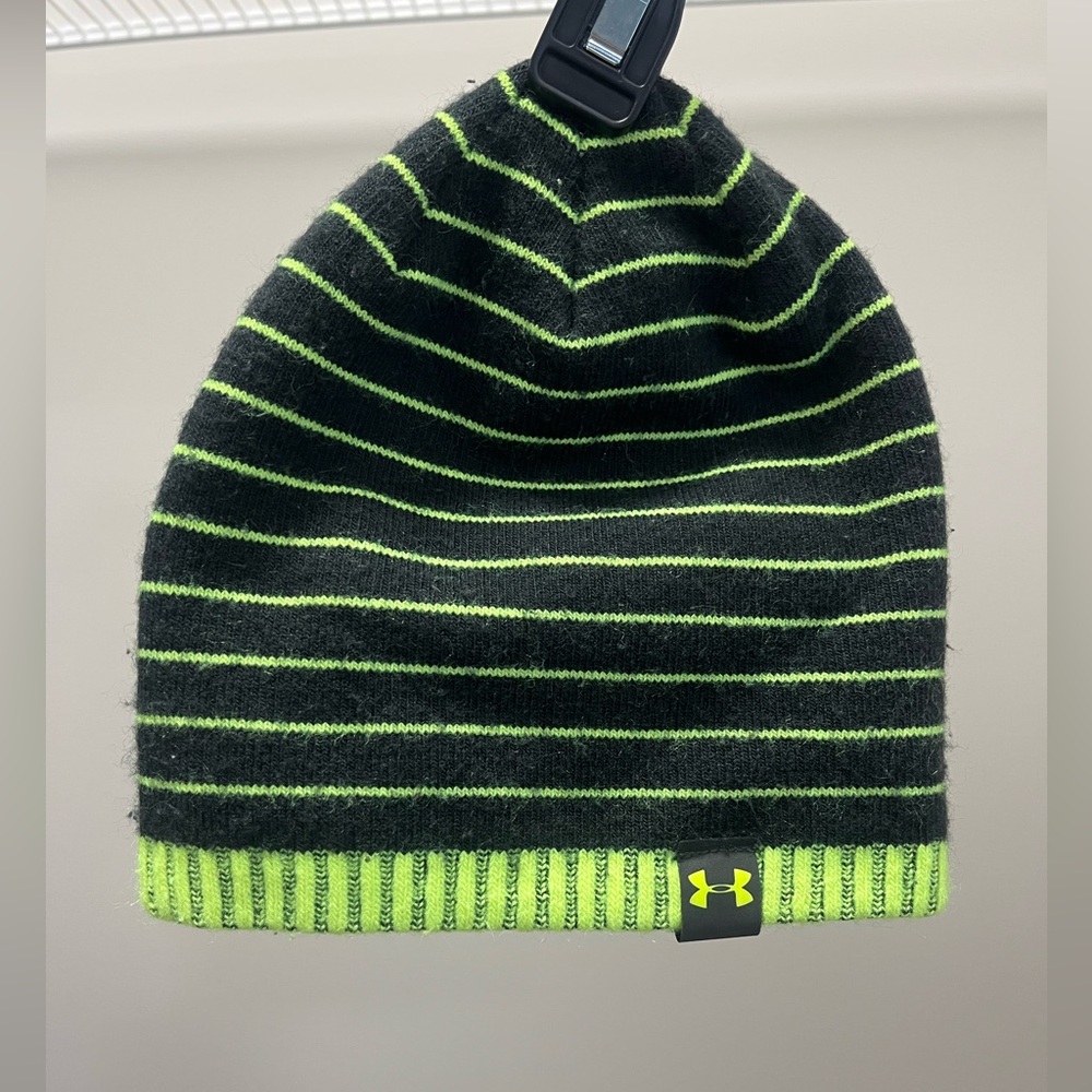 Under Armour Kids' Black and Neon Green Striped Beanie